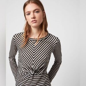 All Saints Black and White Striped Twist Front Long Sleeve Top